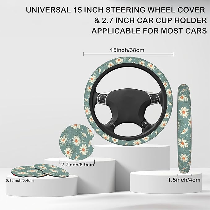 White Daisy Steering Wheel Cover with 2 Pcs Car Coasters Neoprene Steering Wheel Cover for Women Men Anti-Slip Breathable Car Accessories Universal 15 Inch Fit Auto Cars Trucks