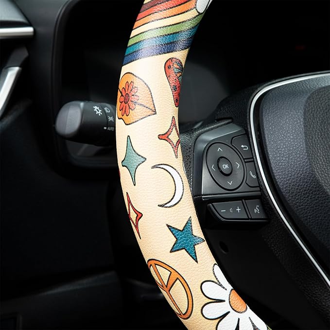 Rainbow Love&Peace Steering Wheel Cover Auto Jacquard Steering Wheel Protector, Anti-Slip, Breathable, Absorbing Sweat, Universal Car Accessories 14.5–15 inch,Fit for Most Car, Trucks, SUV