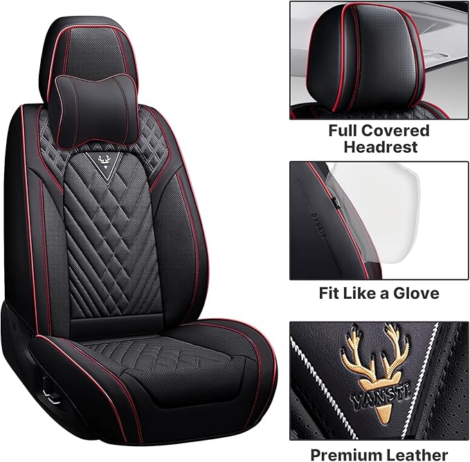 Universal Leather Seat Covers for Cars - Auto Seat Protector with Headrest, Wear-Resistant Car Seat Cushion (Black & Red, 2 Seats)