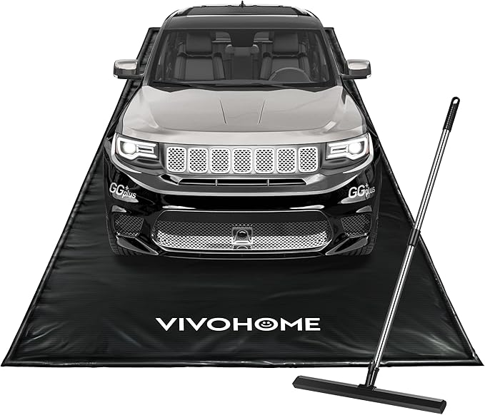 VIVOHOME Containment Mat (8'6" x 20') with Stay Put Corner, PVC Garage Floor Mats, Heavy Duty Garage Parking Mat with a Squeegee,Black