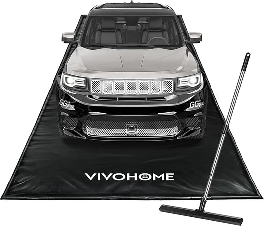 VIVOHOME Containment Mat (8'6" x 20') with Stay Put Corner, PVC Garage Floor Mats, Heavy Duty Garage Parking Mat with a Squeegee,Black