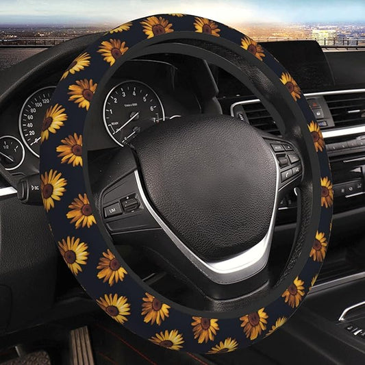 Yellow Sunflowers Steering Wheel Cover for Women, Anti-Slip High Elastic Breathable Soft Rubber Car Steering Wheel Protective Cover, Universal 15 Inch Fit for Cars, Auto, SUVs
