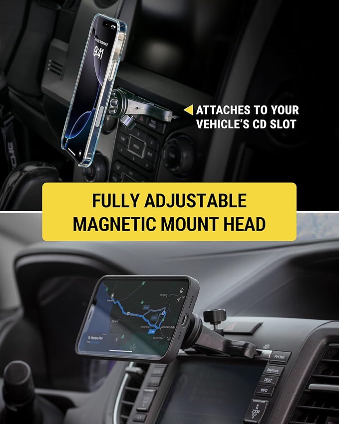 Scosche SMS1CD MagSafe CD Slot Phone Mount, Adjustable Magnetic Cell Phone Holder for Car CD Player, Compatible with iPhone 16 15 14 13 12 Pro Max Mini Plus, Mag Safe Case & More with MagSafe Ring