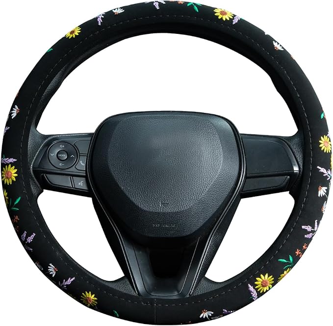 Embroidered Sunflower Lavender Cute Black Steering Wheel Cover, Auto Anti-Slip Breathable Steering Wheel Protector, Butterfly Floral Car Accessories for Women,Universal Size Fit Most Cars -15 inch
