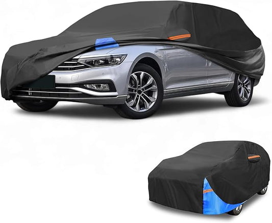 Waterproof All-Weather Universal Car Cover with Right Side Zipper, 190T Polyeste Black Blue Fits for Wagon 177" to 190" Length