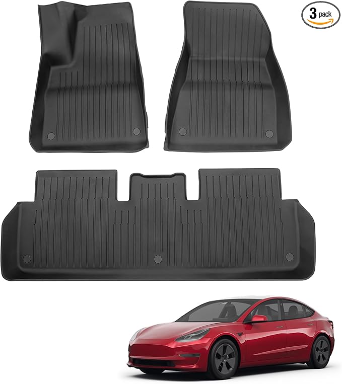 PM Auto Set of 3 Floor All-Weather TPE Floor Mats Liner Carpet for 2017-2023 Tesla Model 3 Except Highland, Essential Tesla Accessories for Model 3