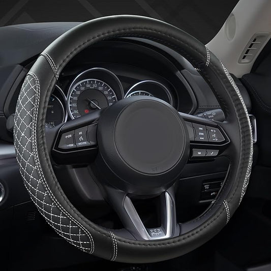 West Llama Microfiber Leather Car Steering Wheel Cover Universal Fit 15-15.5 inch SUV,Sedan,Car,Trucks(Black+Gray Line-M-Large Size)