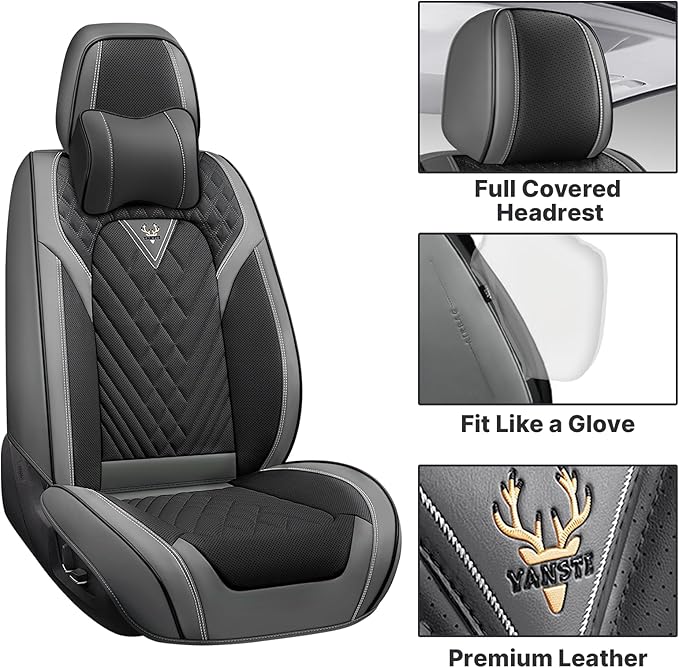 Car Seat Cover Full Coverage Seat Cover Premium Waterproof Faux Leather Cushion Universal Accessories Fit SUV Sedan Automotive Vehicle Auto Interior Seat Protector Full Set(2 Seat-Headrest,Black&Gray)