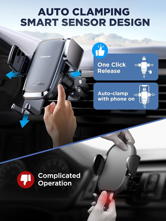Wireless Car Charger, 15W Qi Fast Charging Auto Clamping Car Charger Phone Holder Mount, JOYROOM Cell Phone Holder Car Mount for iPhone 16 15 14 13 Pro Max Xs, Galaxy S24 Ultra, LG, Google