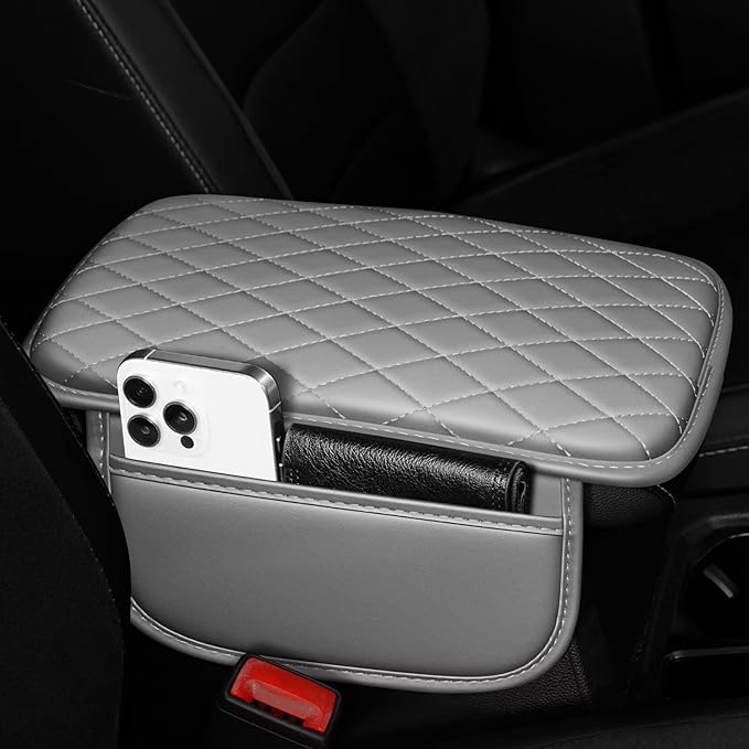 YORKNEIC Center Console Cover Fit for Ford Ranger: Middle Console Cover with 2 Storage Pocket,Faux Leather Waterproof Anti-Scratch Car Armrest Cover Protector(Grey)