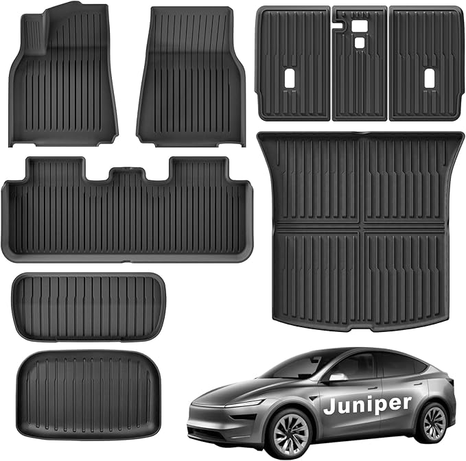 Weize Floor Mats for Tesla Model Y Juniper 2025 2026 5-Seat, All Weather Non-Slip Front Rear Cargo Liner Second Row Seat Back Mats Trunk Mats Interior Accessories, 9 PCS Full Set