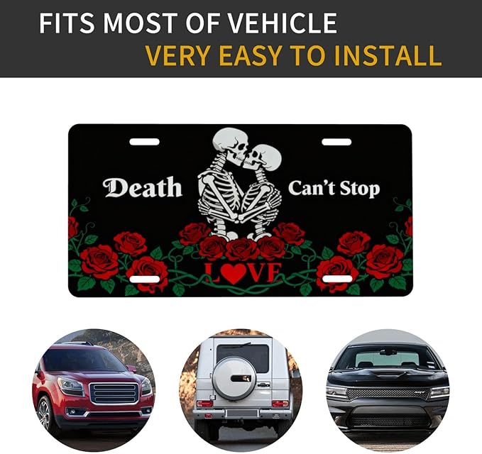 Valentine's Day Skull Rose Love Front License Plate Car Decorative License Plates Aluminum Metal Decor Accessory Novelty Vanity Tag Cover with 4 Holes for Men Women 6" X 12"