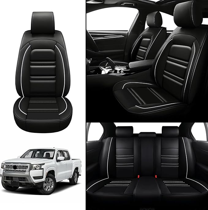 Seat Covers for Nissan Car Frontier 1998-2025 | 5-Seats Leather Seat Covers, Easy to Install Automotive Seat Covers Full Set (Full Set, Black&White Line)