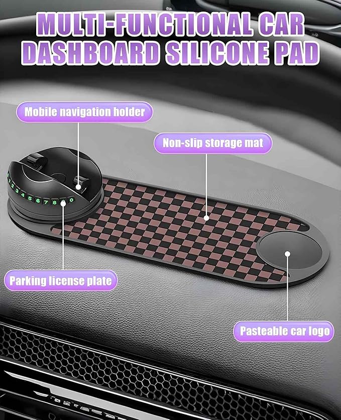 5PCS Anti Slip Mat for Car Dashboard with Storage Hook Set, 360° Multifunction Phone Pad Holder with Temporary Parking Number