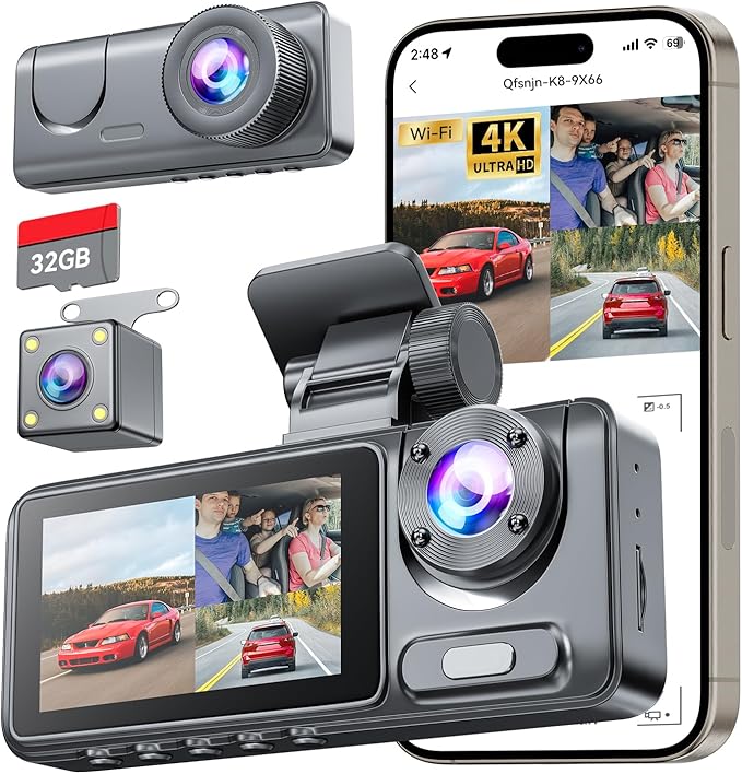 3 Channel Dash Cam for Cars Front Rear Inside, 4K WiFi Dash Cam w/ 32GB Card, 2.0" IPS Screen Dashboard Camera Recorder with App Control, G-Sensor, Loop Recording, Night Vision, Parking Monitor