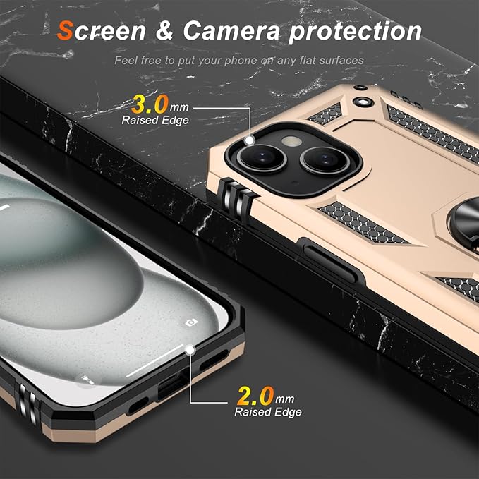 IKAZZ for iPhone 13 Case 6.1 Inch with Screen Protector,Military Grade Shockproof Heavy Duty Protective Phone Cover Pass 16ft Drop Test with Magnetic Kickstand Car Mount Holder,Gold