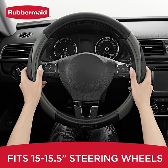 Rubbermaid Steering Wheel Cover – Universal Fit 14.5"–15" Steering Wheel Cover, Anti-Slip Grip, Breathable Leather, All-Season Protection, Interior Upgrade for Cars, Trucks, SUVs - Gray