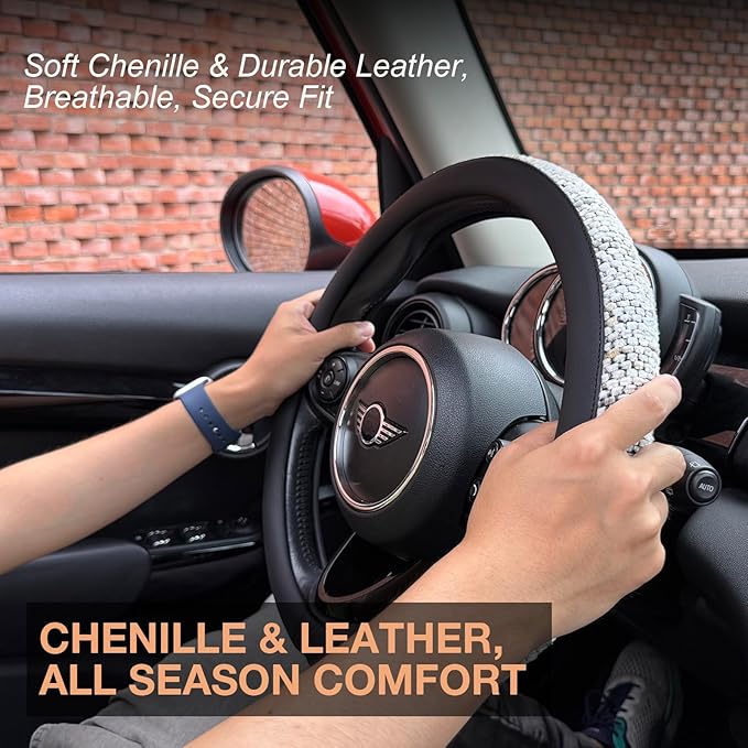 PINCTROT Chenille Leather Steering Wheel Cover, Soft Mottled Colors, Sweat-Proof, Non-Slip Grip, All-Season Comfort, Universal 14.5-15 Inch(Mottled White)