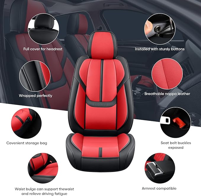 Auto Car Seat Covers Accessories Full Set Leather Cushion Protector Breathable Waterproof Seat Cover for Cars Universal Fit (Black&Red, Full Set Without Headrest)