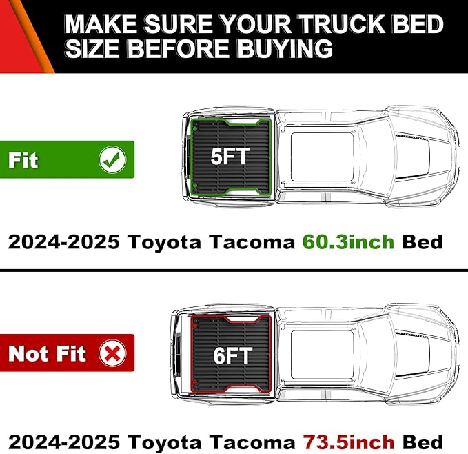 WEIZE Truck Bed Mat for Toyota Tacoma 2024-2025(5 ft,60.3in), All Weather Protection TPE Truck Bed Liner Durable Easy Clean Black