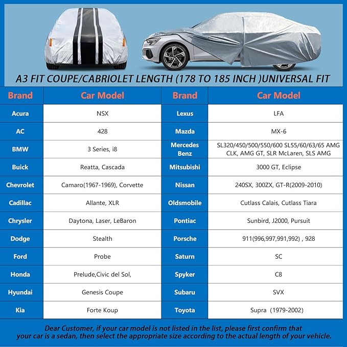 [2025 Upgrade] 10-Layer Waterproof Sports/Coupe/Cabriolet Car Cover. All Weather Full Outdoor Covers. Porsche 911, Chevy Corvette Camaro, NSX Etc.Size A3 (Length 178 to 185 inch)