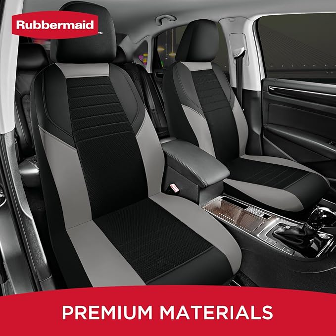 Rubbermaid Car Seat Cover, Leather & Air-Cool Mesh Front Seat Cover, Airbag Compatible, Slip-On Installation, Automotive Seat Cover Universal Fit for Most Cars, Trucks, SUVs-Gray