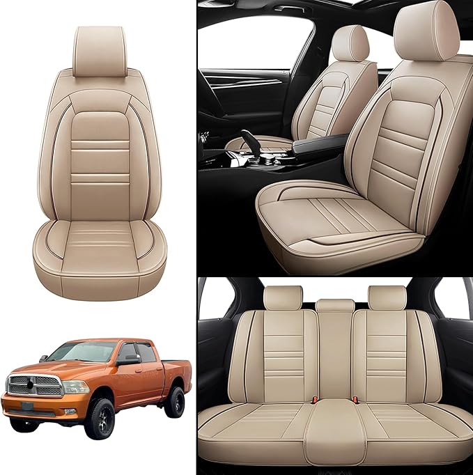 Seat Covers for Dodge ram 2004-2011 | 5-Seats Leather Seat Covers, Easy to Install Automotive Seat Covers Full Set (Full Set, Beige)