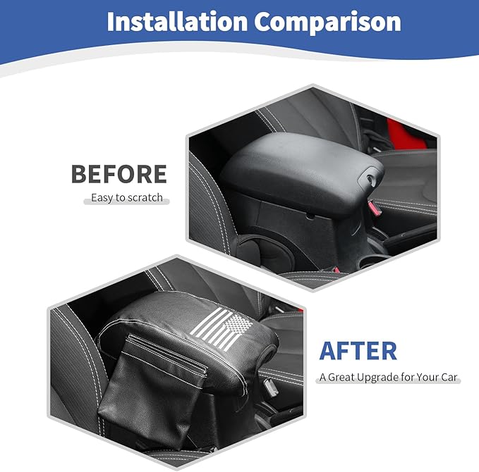 RT-TCZ for Wrangler JK Center Console Armrest Pad Cover with Storage Bag for Jeep Wrangler JK JKU 2011-2017 American Flag Black Leather