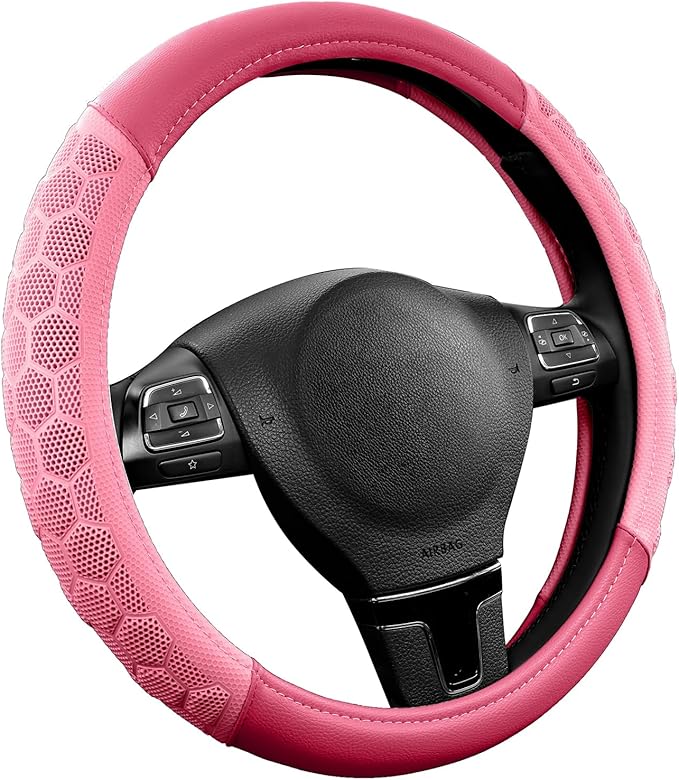PIC AUTO Massage Steering Wheel Cover, Pink Football Pattern Material Spliced & Hotpink Leather Car Steering Wheel Cover, Car Steering Cover, Universal Fit 14.5"-15.5" for Cars, Trucks, Van, SUVs