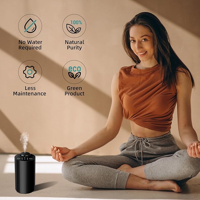 Waterless Essential Oil Diffuser Aromatherapy Scent Diffuser for Home Large Room, Bedroom, Car, Office, Desk, Battery Operated Mini Portable Air Freshener,4 Timers & 3 Mist Levels (Black)