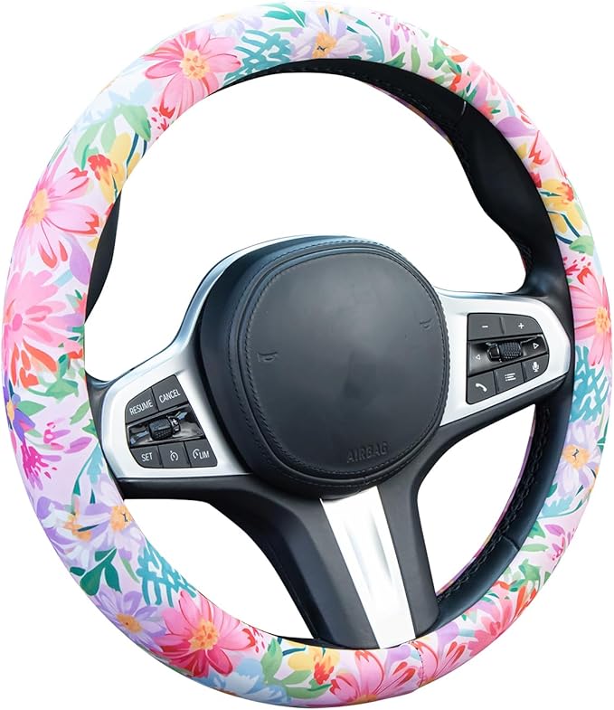 60s Multicolored Ditsy Vintage Flowers Steering Wheel Cover Auto Steering Wheel Protector, Anti-Slip, Breathable, Absorbing Sweat, Universal Car Accessories 14.5–15 inch,Fit for Most Car, Trucks, SUV