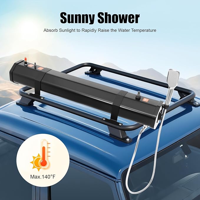 Roof Rack Mount Road Shower, 7.9Gallon Pressurized Water Tank with Water Hose & Shower Head for Camping, Off-Road, Beach Travel