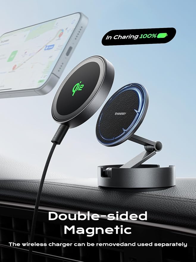 THREEKEY Qi2 Certified MagSafe Car Mount Charger,Car Wireless Charger,15W Magnetic Charger Fast Charging,Retractable Phone Holder with 360°Rotation,Car Mount for iPhone17-12&Galaxy S25 Ultra