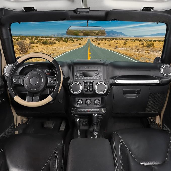 SEG Direct Car Steering Wheel Cover for F-150 Tundra Range Rover 15.5-16 inch, Black and Beige Microfiber Leather