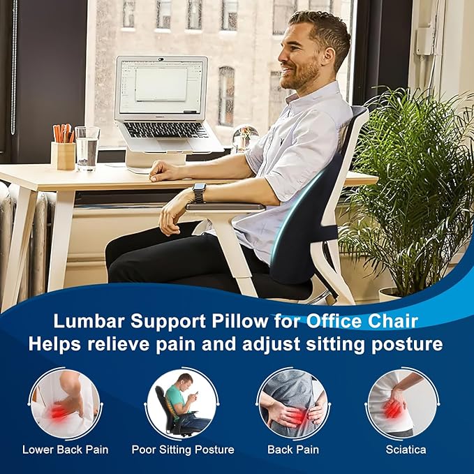 QUTOOL Lumbar Support Pillow for Office Chair, Memory Foam Low Back Support,Back Pain Relief, Ergonomic Back Cushion for Desk Chair,Gaming Chair,Adjustable Strap and Washable Cover