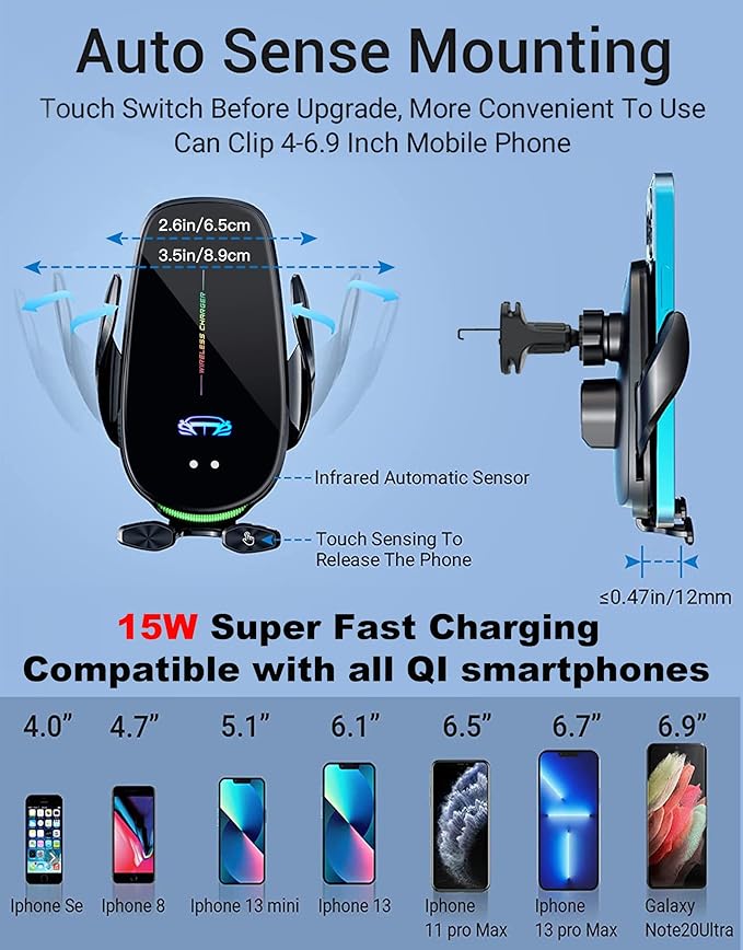 Wireless Car Charger Mount, Fast Charging Auto Clamping 15W Intelligent Dual Control Induction Car Phone Holder Mount Wireless Charging Compatible with All iPhone Android Smartphone