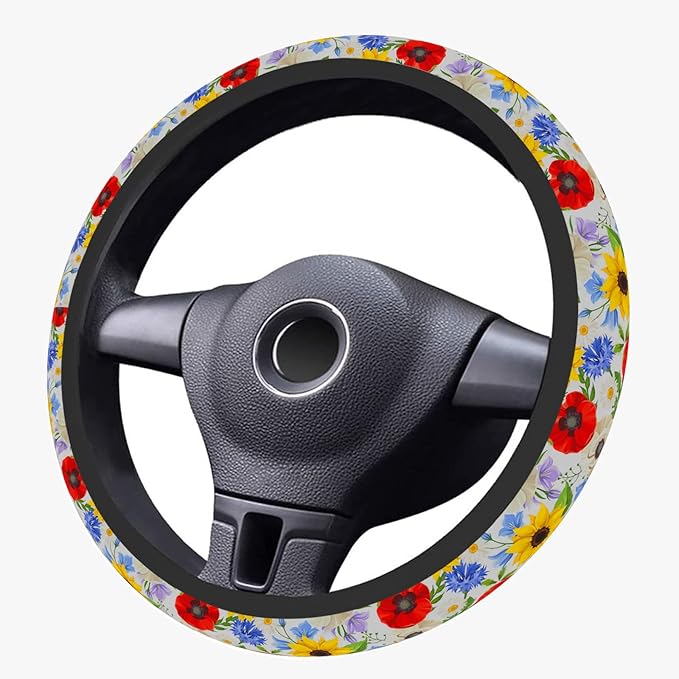Personalized Retro Flowers Floral Steering Wheel Cover, Non-Slip Breathable Neoprene Elastic Stretch Universal Car Accessories 14.5–15 inch