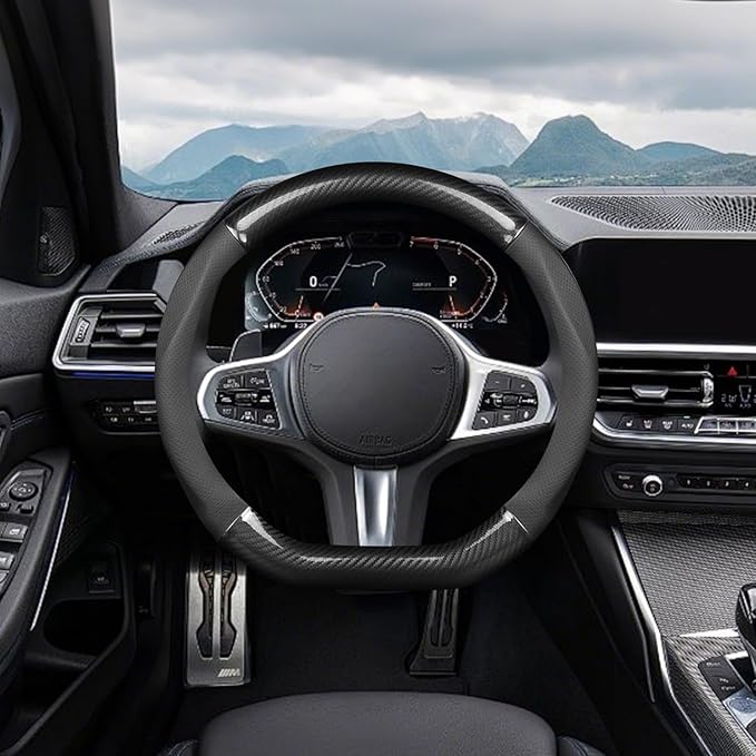 Ergocar Car Steering Wheel Cover Non-Slip Car Steering Wheel Protector Sport D-Shape Carbon Fiber & PU Leather Universal for Diameter 38cm(15") (Black)