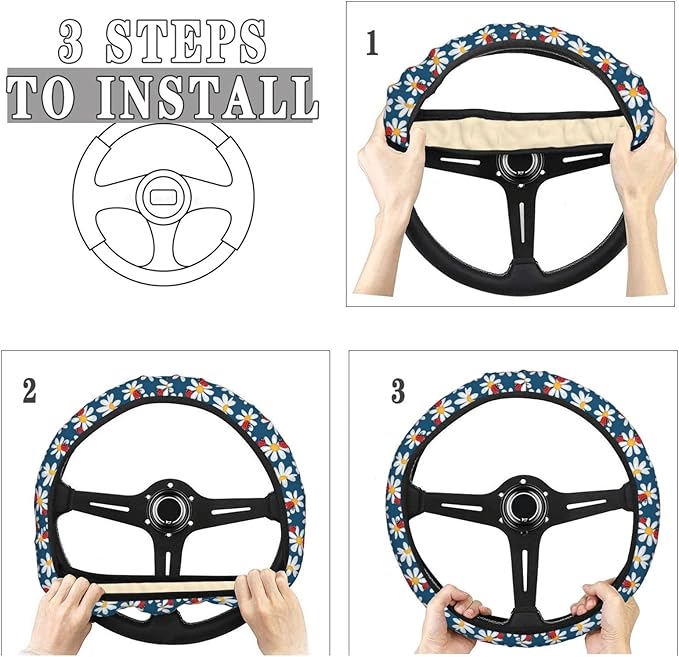 Dujiea Daisies with Ladybugs Elastic Stretch Steering Wheel Cover, Anti-Slip and Durable Car Steering Wheel Accessories for Women Men, 15 Inch Universal Fit Car, Truck, SUV