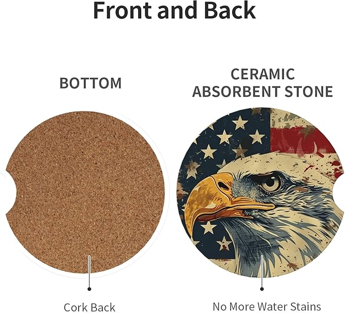 Absorbent Car Coasters for Cup Holders, 2 Pack Universal Anti Slip Ceramic Cup Coaster for Women Men 2.56 Inch Car Interior Accessories - Vintage Bald Eagle American Flag 012