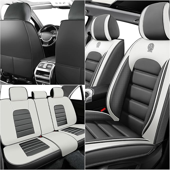 Auto Seats Covers Compatible with Toyota Corolla 2001-2025, Breathable and Waterproof Faux Leather Automotive Seat Cover (Full Set, Gray&White)