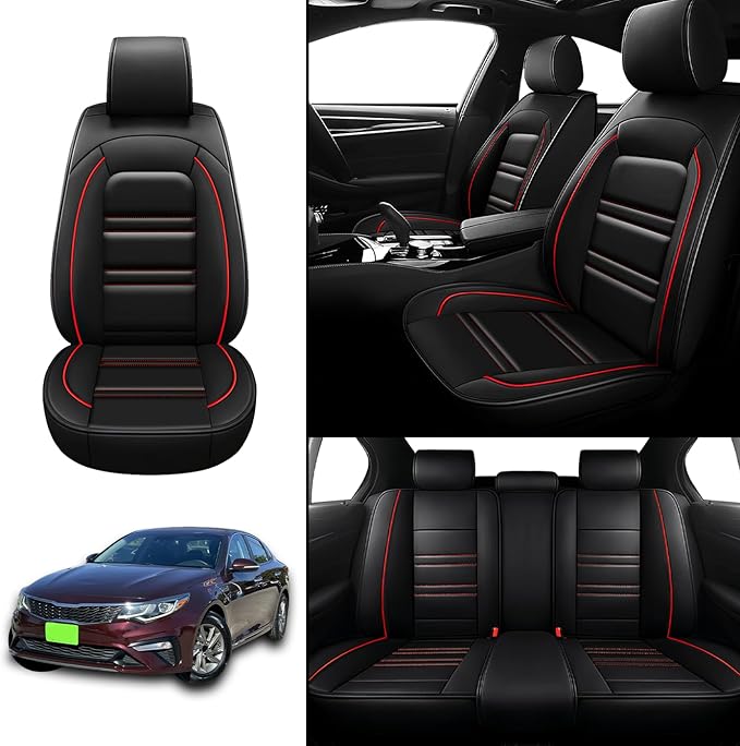 Seat Covers for kia Optima 2003-2020 | 5-Seats Leather Seat Covers, Easy to Install Automotive Seat Covers Full Set (Full Set, Black&Red Line)