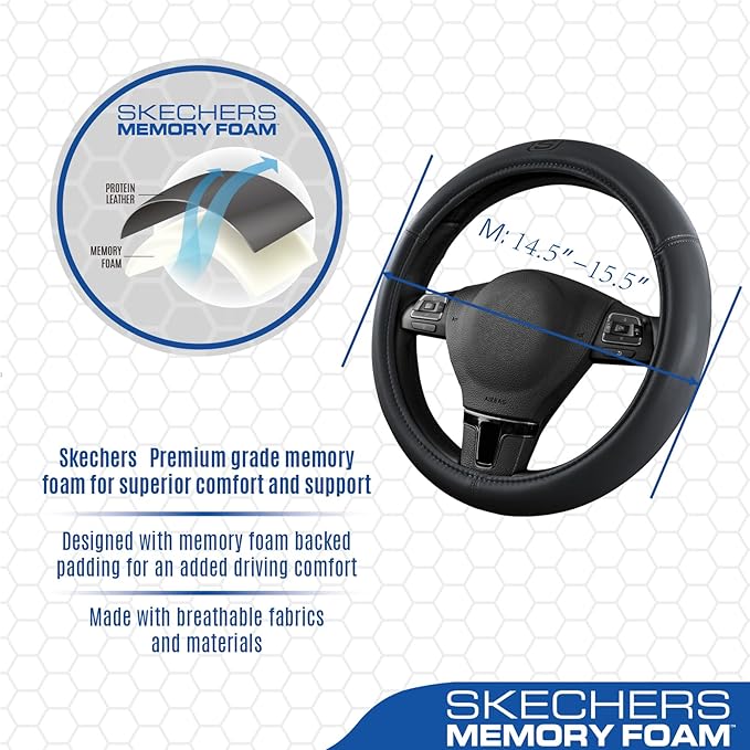Skechers Memory Foam Steering Wheel Cover,Grade Protein Leather Steering Wheel Cover,Universal Anti-Slip Fit 14" 1/2-15" Car Wheel Cover for Men Women Fit Suvs,Vans,Sedans,Car,Trucks,Grey