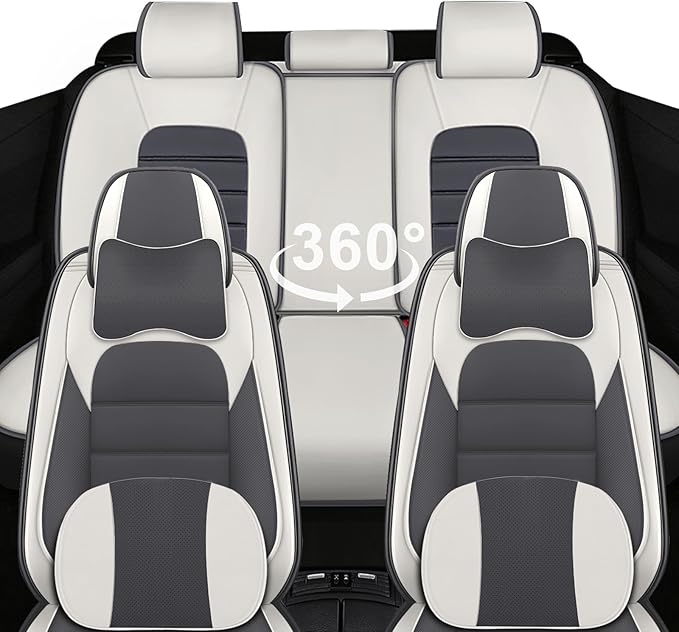 5 Car Seat Covers for Toyota RAV4 2000-2026 Breathable Leather,Waterproof Car Seat Protectors with Comfort Headrest Pillows,Automotive Vehicle Cushion with Storage Pockets (Luxury,Gray)