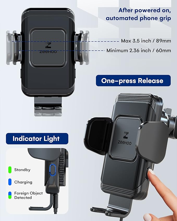 ZeeHoo Wireless Car Charger,15W Fast Charging Auto-Clamp Car Mount,Windshield Dash Air Vent Phone Holder for iPhone 14 13 12 Mini 11 Pro Max XS XR 8,S22 S21 S20(45W QC3.0 Adapter Included)