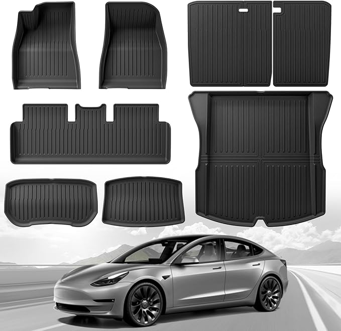 Weize Floor Mats Fit for Tesla Model 3 Highland 2025 2024, TPE All Weather Cargo Liner Floor Mats and Cargo Trunk Mats Accessories Front Rear Cargo Mat Full Set of 8