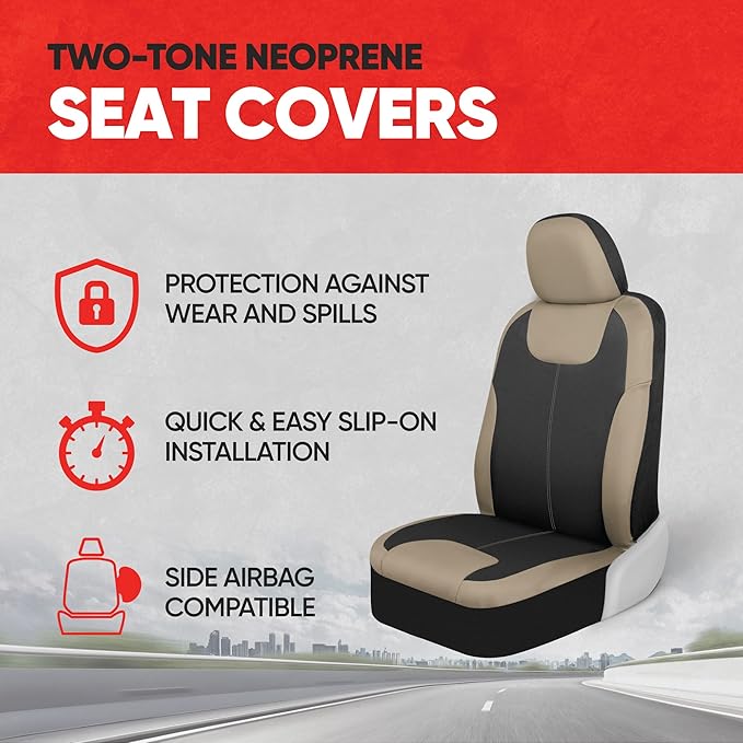 Motor Trend Beige Waterproof Seat Covers for Front Seats – Premium Neoprene Car Seat Covers, Car Seat Protectors with Removable Headrest, Interior Covers for Auto, Truck, Van, SUV Seat Protection