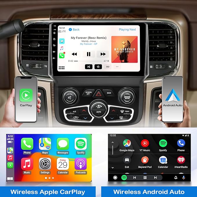 Car Stereo Radio for Dodge RAM 2013 2014 2015 2016 2017 2018 1500 2500 3500 Automatic AC, 9 inch Touch Screen Radio with Wireless CarPlay Android Auto Bluetooth GPS Navigation,2G Ram 32G ROM