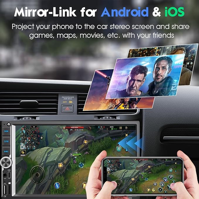 [Improved] 7'' Double Din Car Stereo with Upgraded Wireless Apple Carplay for IOS26 / Android Auto, 240W High Power with EQ, Bluetooth, RDS/FM/AM Touchscreen Radio, USB Type-C/AUX/TF, Backup Camera