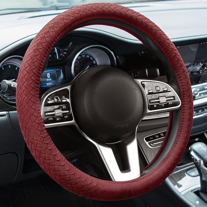 Suede Steering Wheel Cover with Upgraded Silicone Inner Ring, Breathable, Anti-Slip, Leather Universal 14.5 to 15 Inch Steering Wheel Cover (Burgundy with Handwoven Craft)